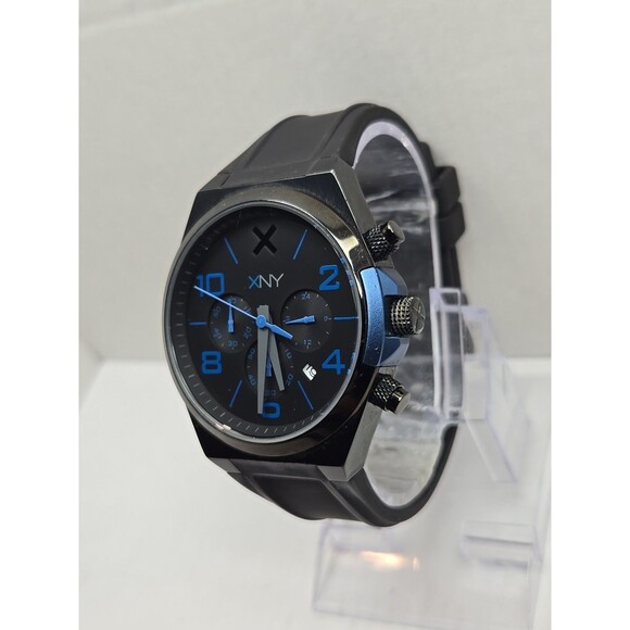 XNY by Seiko Chronograph Watch 46mm Black Blue Date Rubber Strap New Battery - Picture 2 of 10